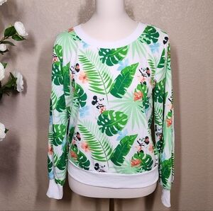 Disney Small World Mickey Mouse Tropical Leaf Sweatshirt Green White Size S